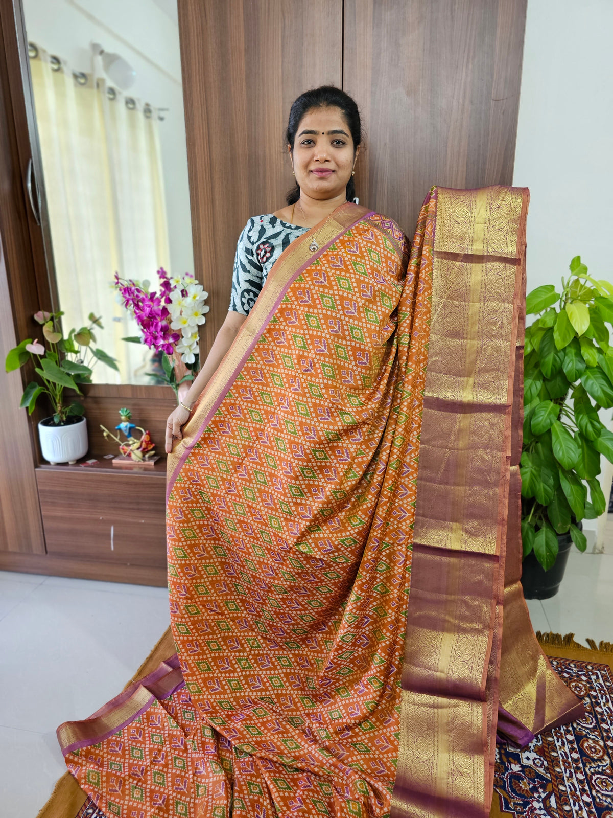 Soft Patola Saree with Kanjivaram Zari Woven Border - Dark Orange with Dual Shade Brown