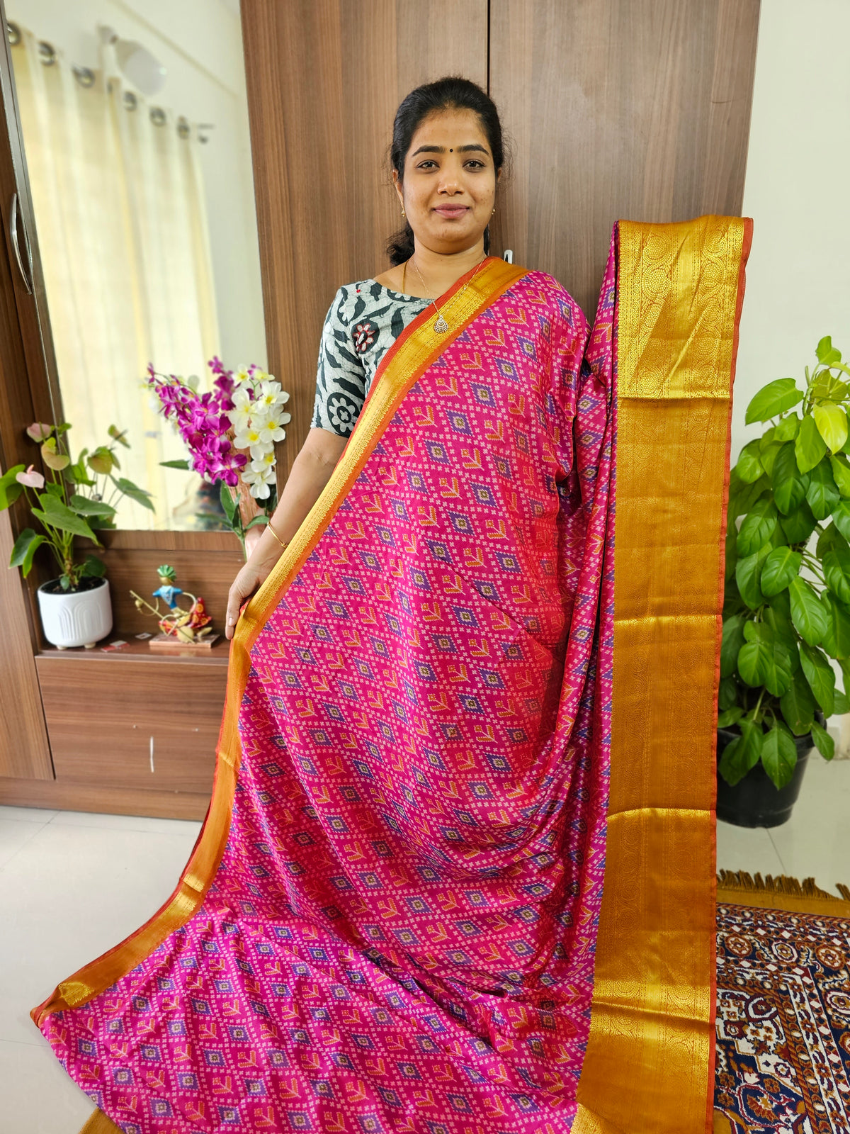 Soft Patola Saree with Kanjivaram Zari Woven Border - Pink with Brown