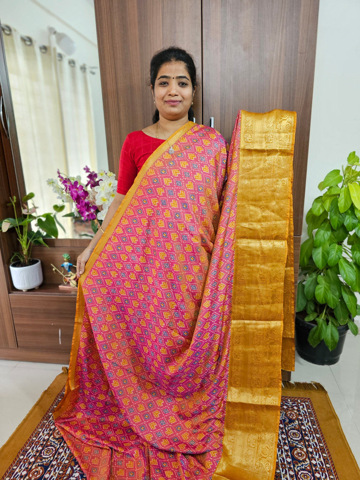 Soft Patola Saree with Kanjivaram Zari Woven Border -  Pink with Mustard Yellow