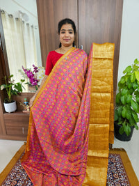 Soft Patola Saree with Kanjivaram Zari Woven Border -  Pink with Mustard Yellow