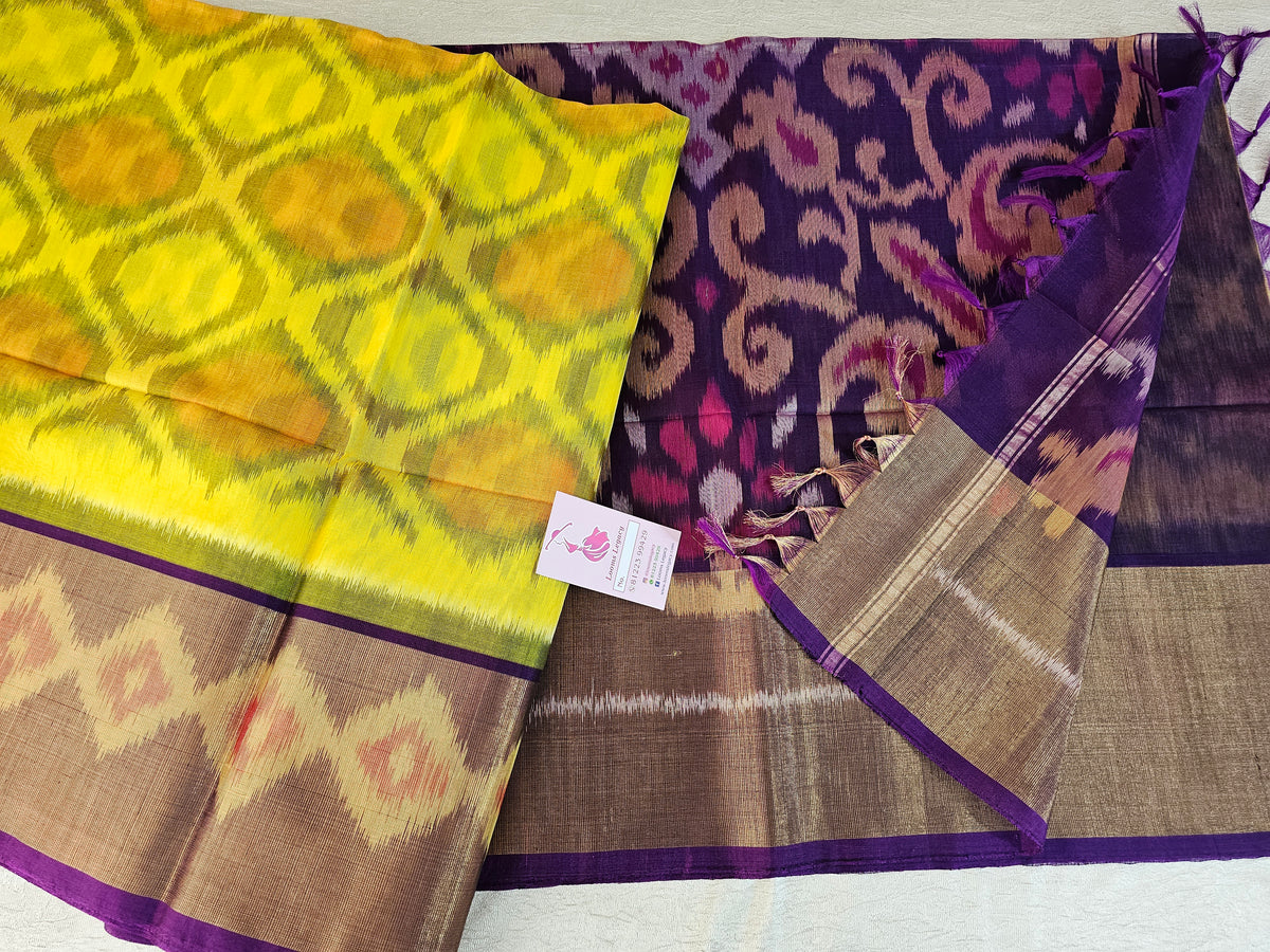 Yellow with Purple Pochampally Ikkat Silk Cotton (SICO Pattu)