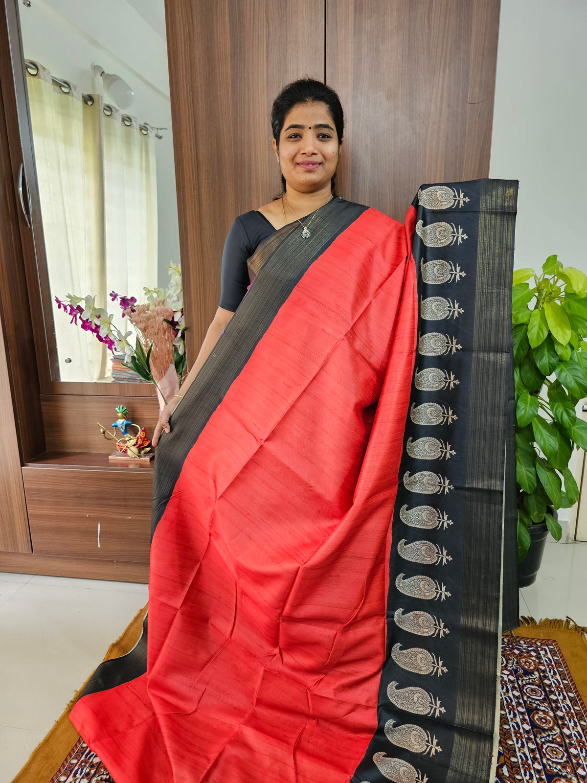 Semi Tussar Digital Prints with Contrast Border - Red with Black