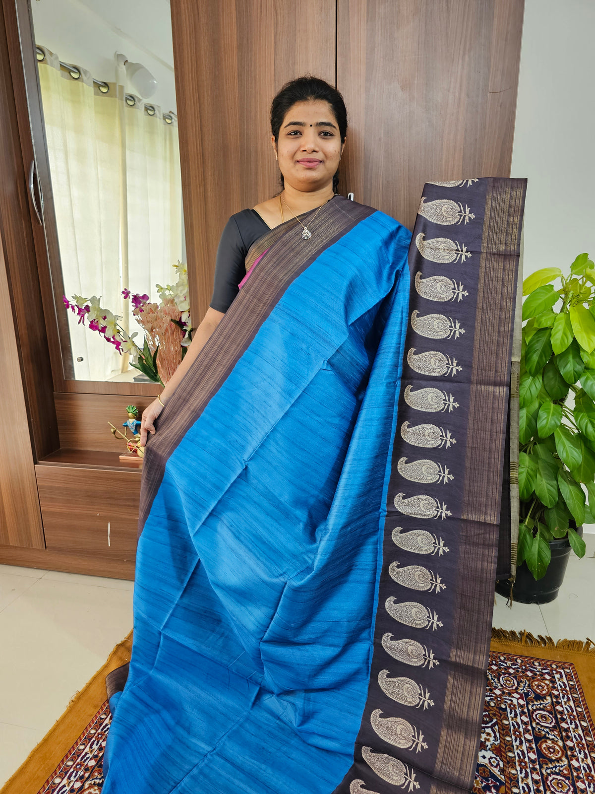 Semi Tussar Digital Prints with Contrast Border - Blue with Brown