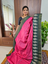 Semi Tussar Digital Prints with Contrast Border - Pink with Bottle Green