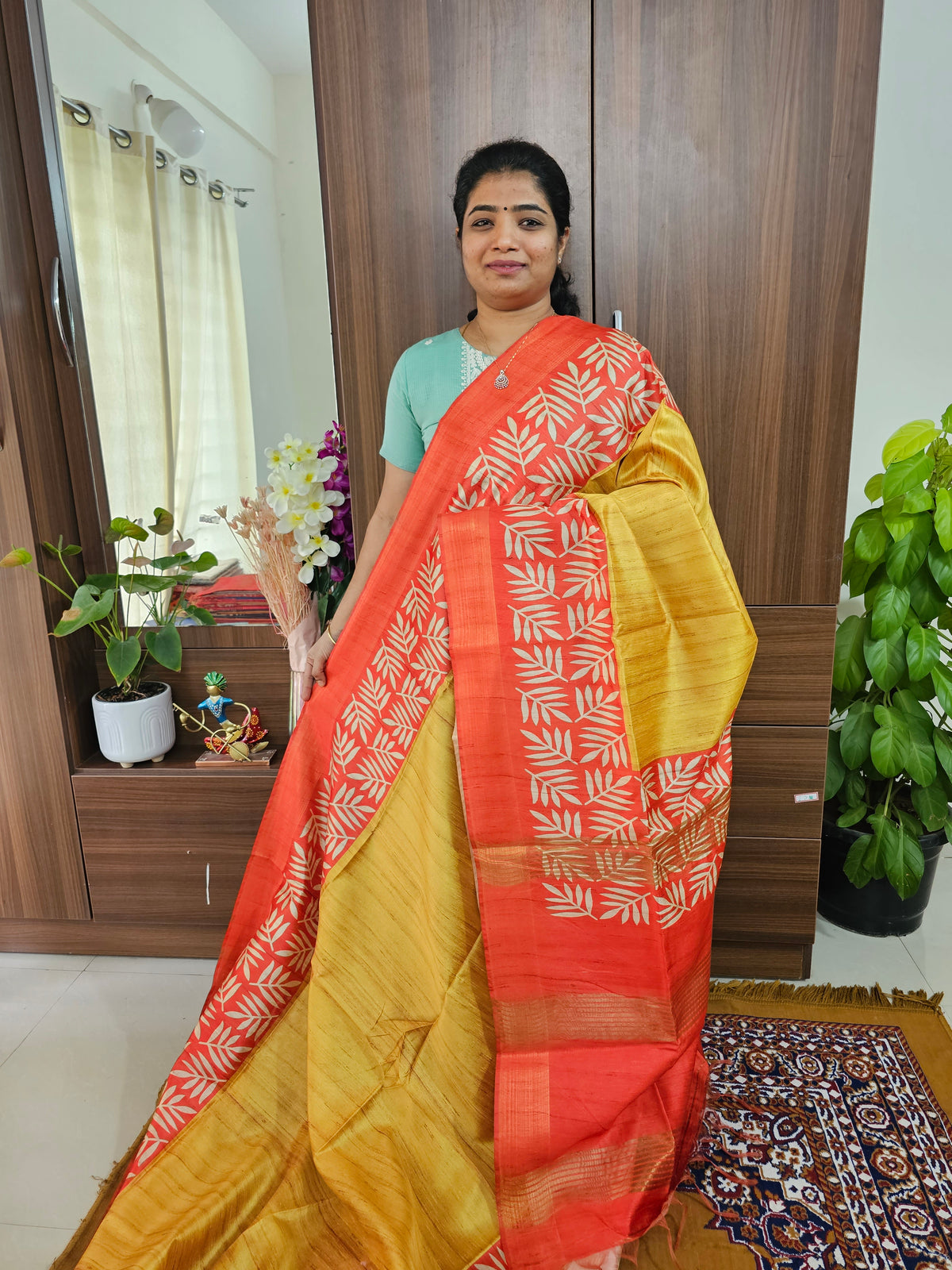 Semi Tussar Digital Prints with Contrast Border - Mustard Yellow with Orange