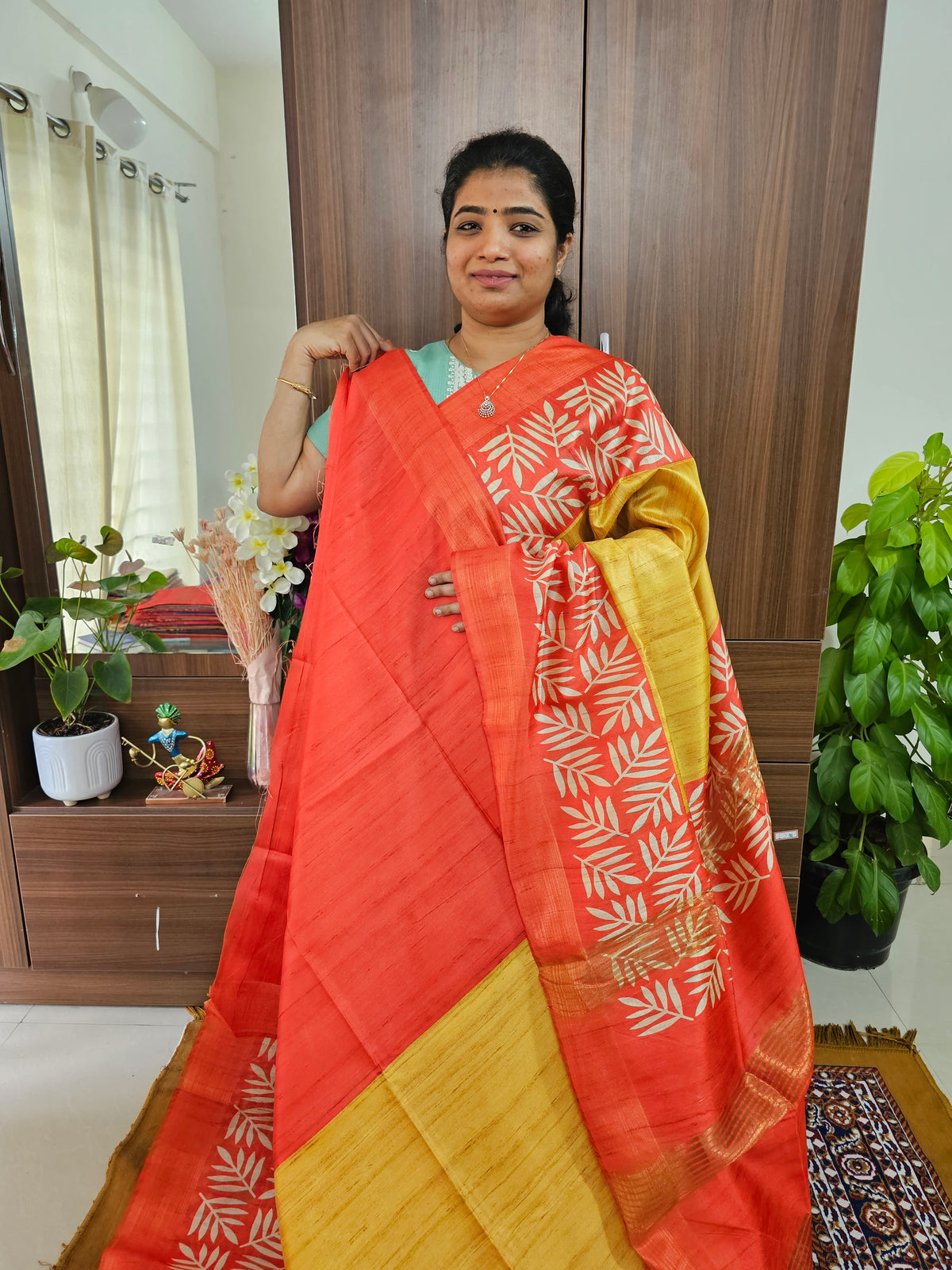 Semi Tussar Digital Prints with Contrast Border - Mustard Yellow with Orange