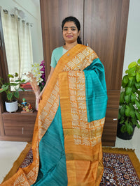 Semi Tussar Digital Prints with Contrast Border - Sea Blue with Mustard Yellow