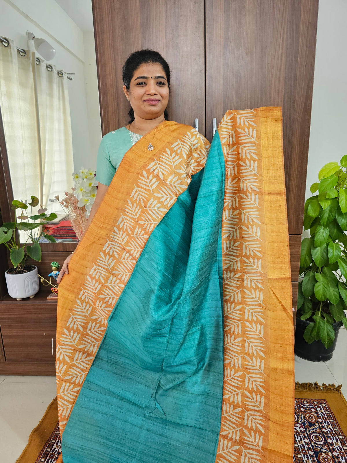 Semi Tussar Digital Prints with Contrast Border - Sea Blue with Mustard Yellow