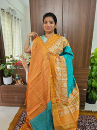 Semi Tussar Digital Prints with Contrast Border - Sea Blue with Mustard Yellow