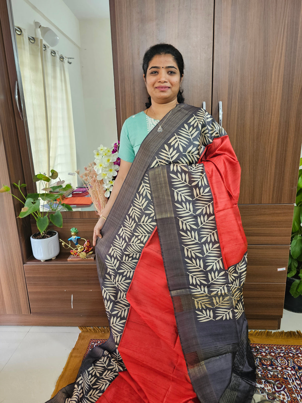 Semi Tussar Digital Prints with Contrast Border - Red with Black