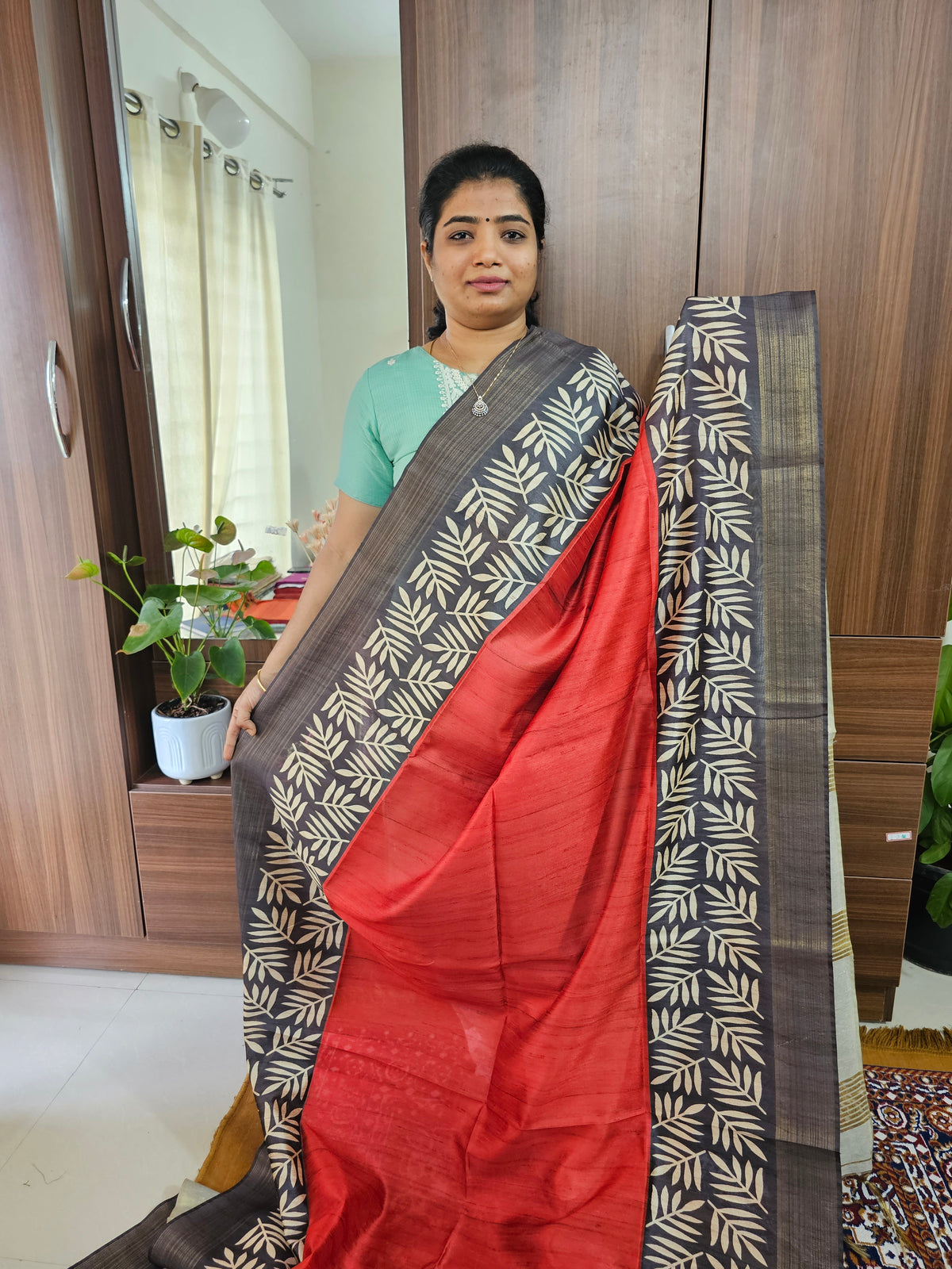 Semi Tussar Digital Prints with Contrast Border - Red with Black