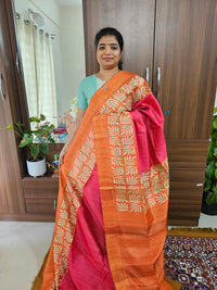Semi Tussar Digital Prints with Contrast Border - Pink with Orange