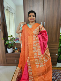 Semi Tussar Digital Prints with Contrast Border - Pink with Orange