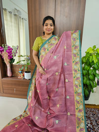 Semi Tussar with Striped Zari Weaving Saree with Beautiful Pichwai Digital Prints and Contrast Border - Onion Pink with Dark Green