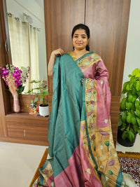 Semi Tussar with Striped Zari Weaving Saree with Beautiful Pichwai Digital Prints and Contrast Border - Onion Pink with Dark Green