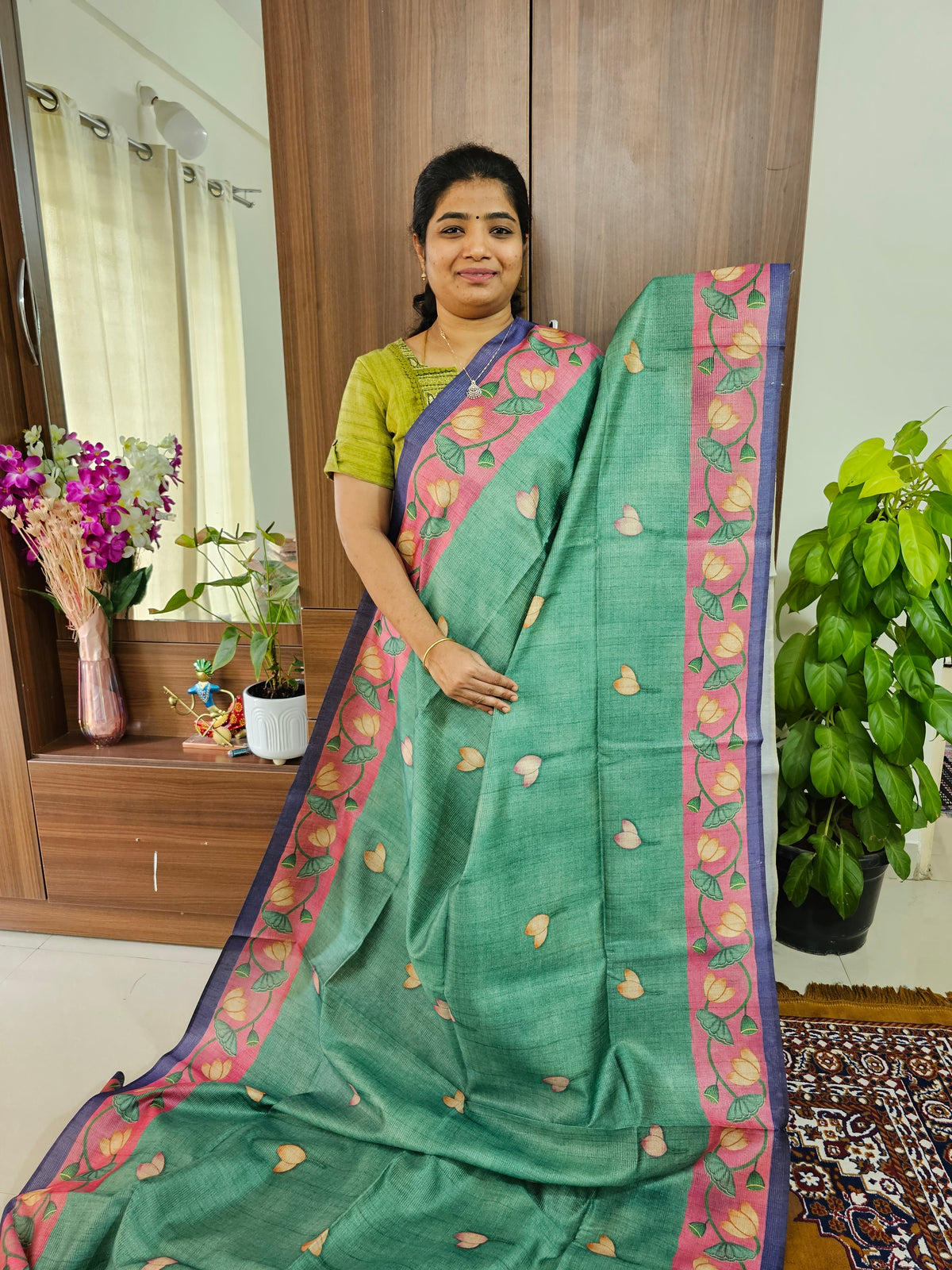 Semi Tussar with Striped Zari Weaving Saree with Beautiful Pichwai Digital Prints and Contrast Border - Dark Sea Green with Violet