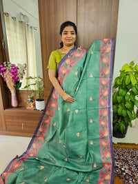 Semi Tussar with Striped Zari Weaving Saree with Beautiful Pichwai Digital Prints and Contrast Border - Dark Sea Green with Violet
