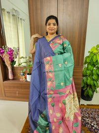 Semi Tussar with Striped Zari Weaving Saree with Beautiful Pichwai Digital Prints and Contrast Border - Dark Sea Green with Violet