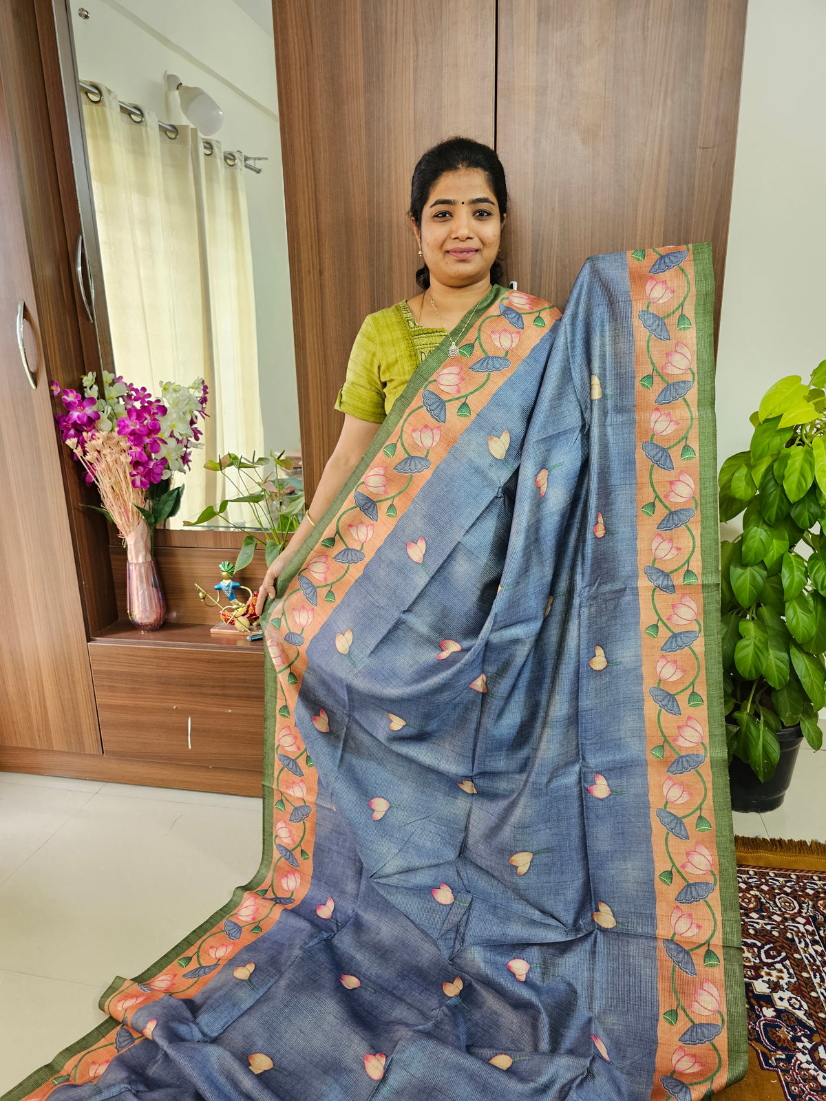 Semi Tussar with Striped Zari Weaving Saree with Beautiful Pichwai Digital Prints and Contrast Border - Dark Grey with Green