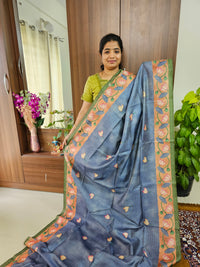 Semi Tussar with Striped Zari Weaving Saree with Beautiful Pichwai Digital Prints and Contrast Border - Dark Grey with Green