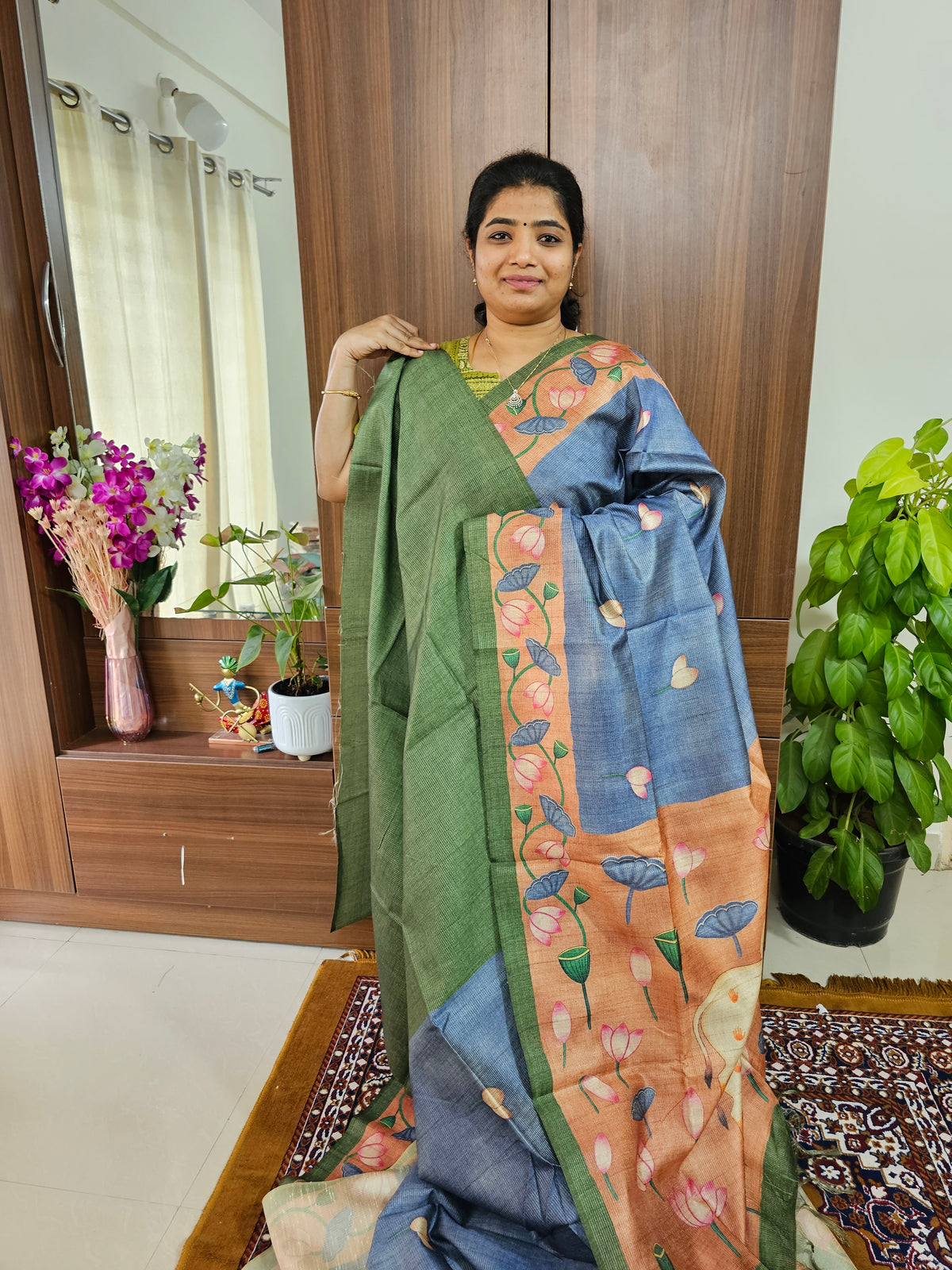 Semi Tussar with Striped Zari Weaving Saree with Beautiful Pichwai Digital Prints and Contrast Border - Dark Grey with Green