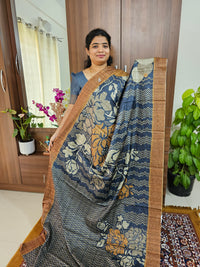 Soft Semi Tussar Digital Prints with Contrast Border - Blue with Mustard Brown