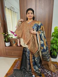 Soft Semi Tussar Digital Prints with Contrast Border - Blue with Mustard Brown