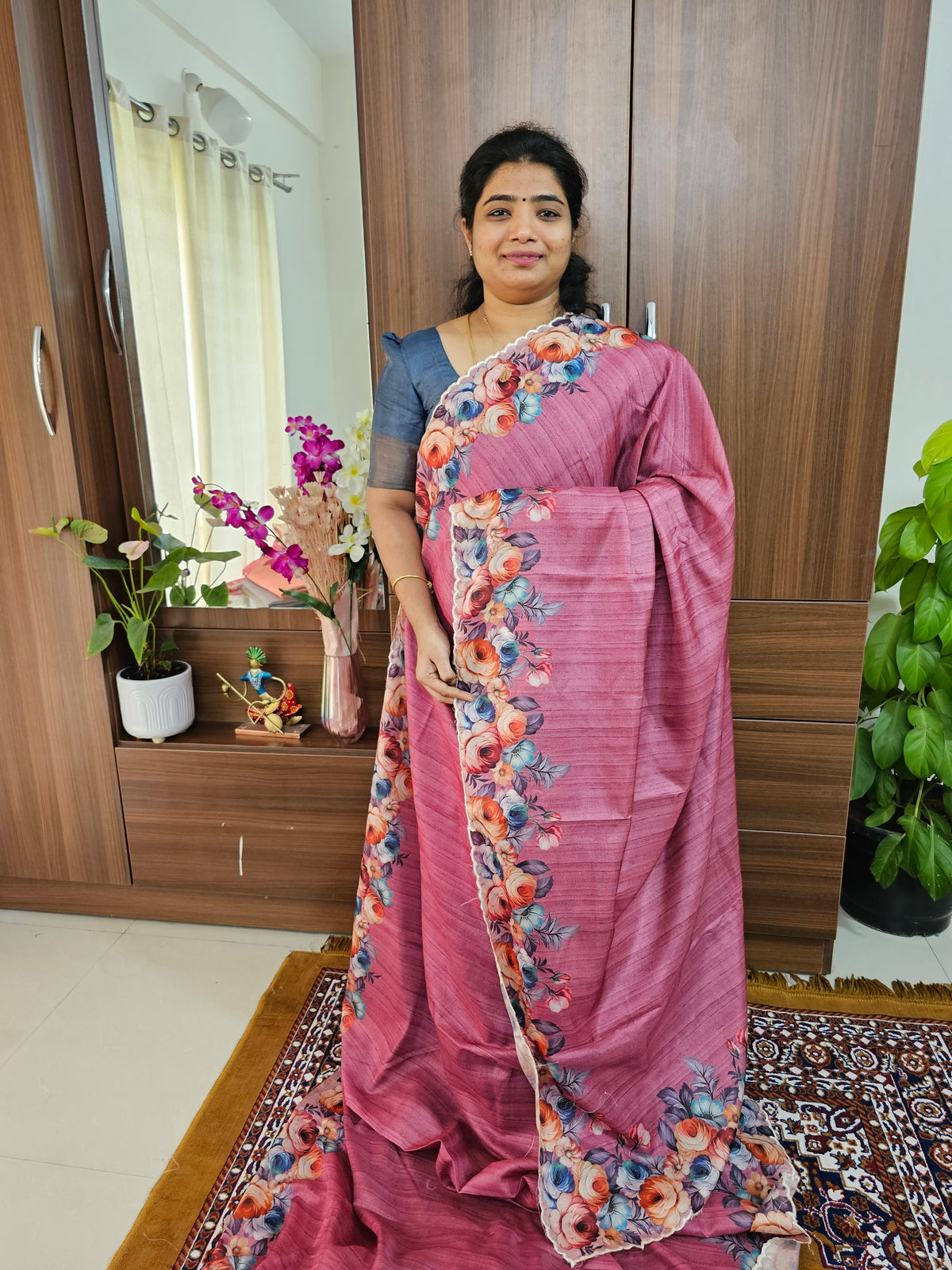 Semi Tussar Scallop Border Digital Prints with Floral Blouse -  Pink