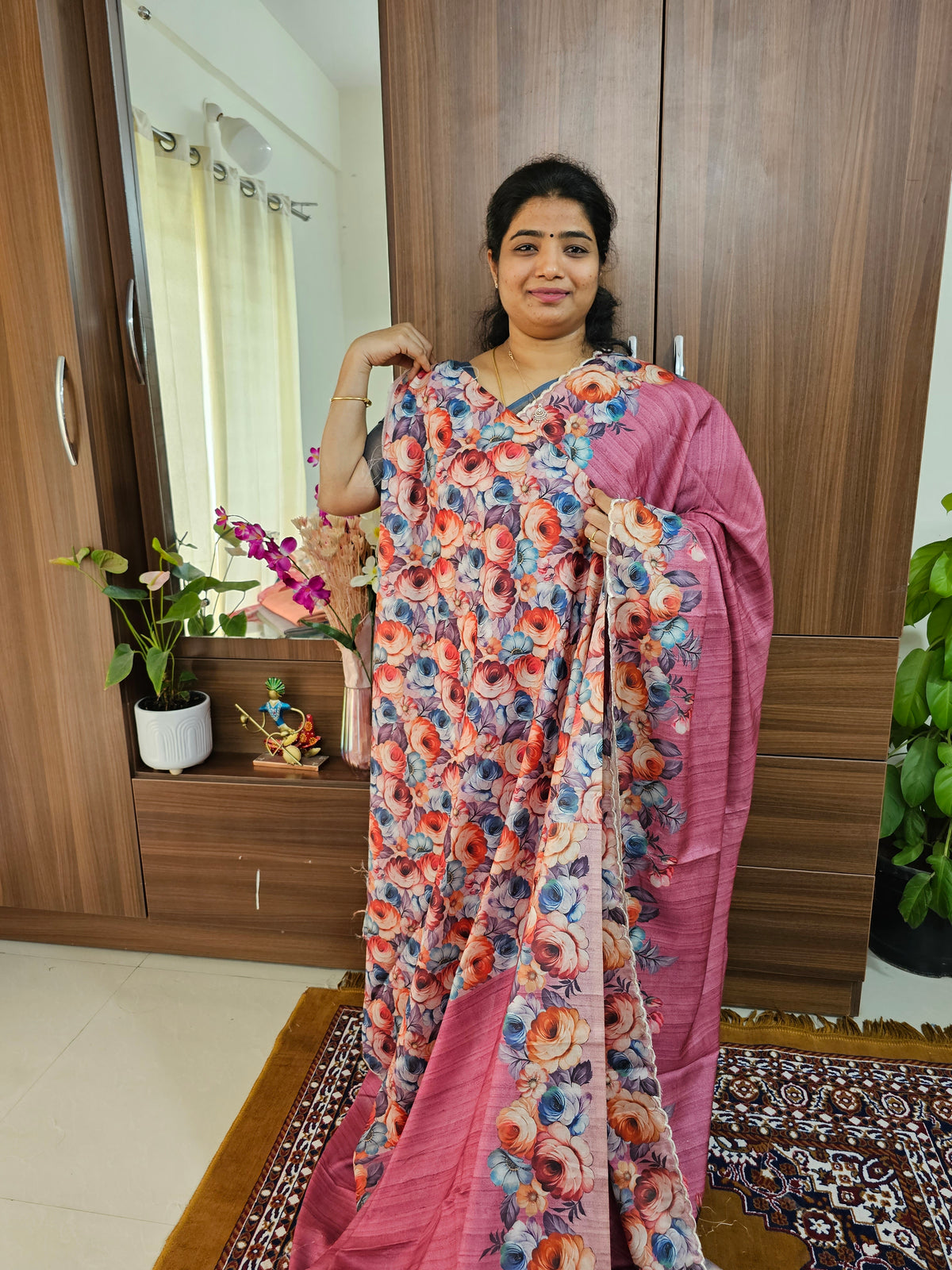 Semi Tussar Scallop Border Digital Prints with Floral Blouse -  Pink