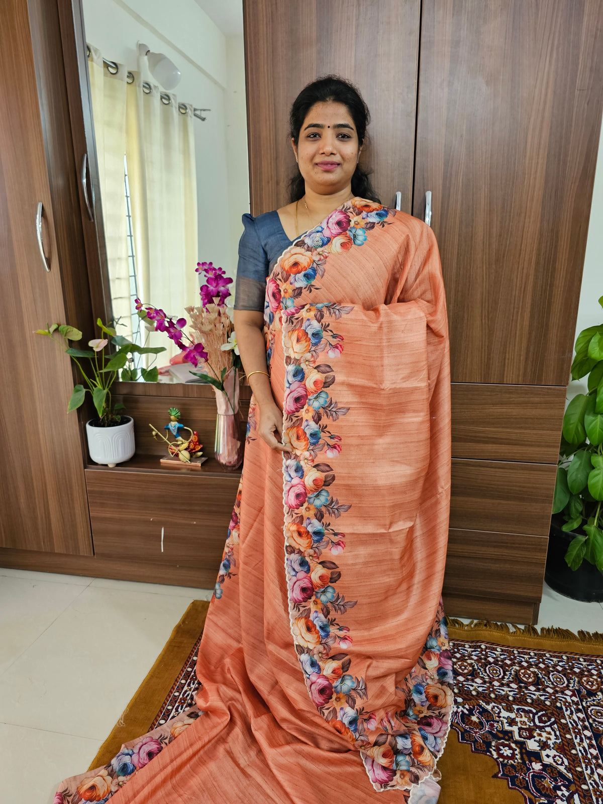 Semi Tussar Scallop Border Digital Prints with Floral Blouse - Orange