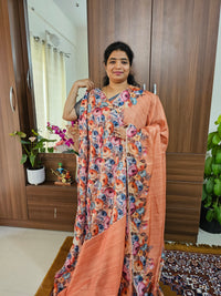 Semi Tussar Scallop Border Digital Prints with Floral Blouse - Orange