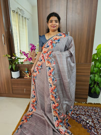 Semi Tussar Scallop Border Digital Prints with Floral Blouse - Grey