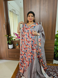 Semi Tussar Scallop Border Digital Prints with Floral Blouse - Grey