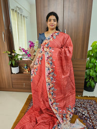 Semi Tussar Scallop Border Digital Prints with Floral Blouse -  Red