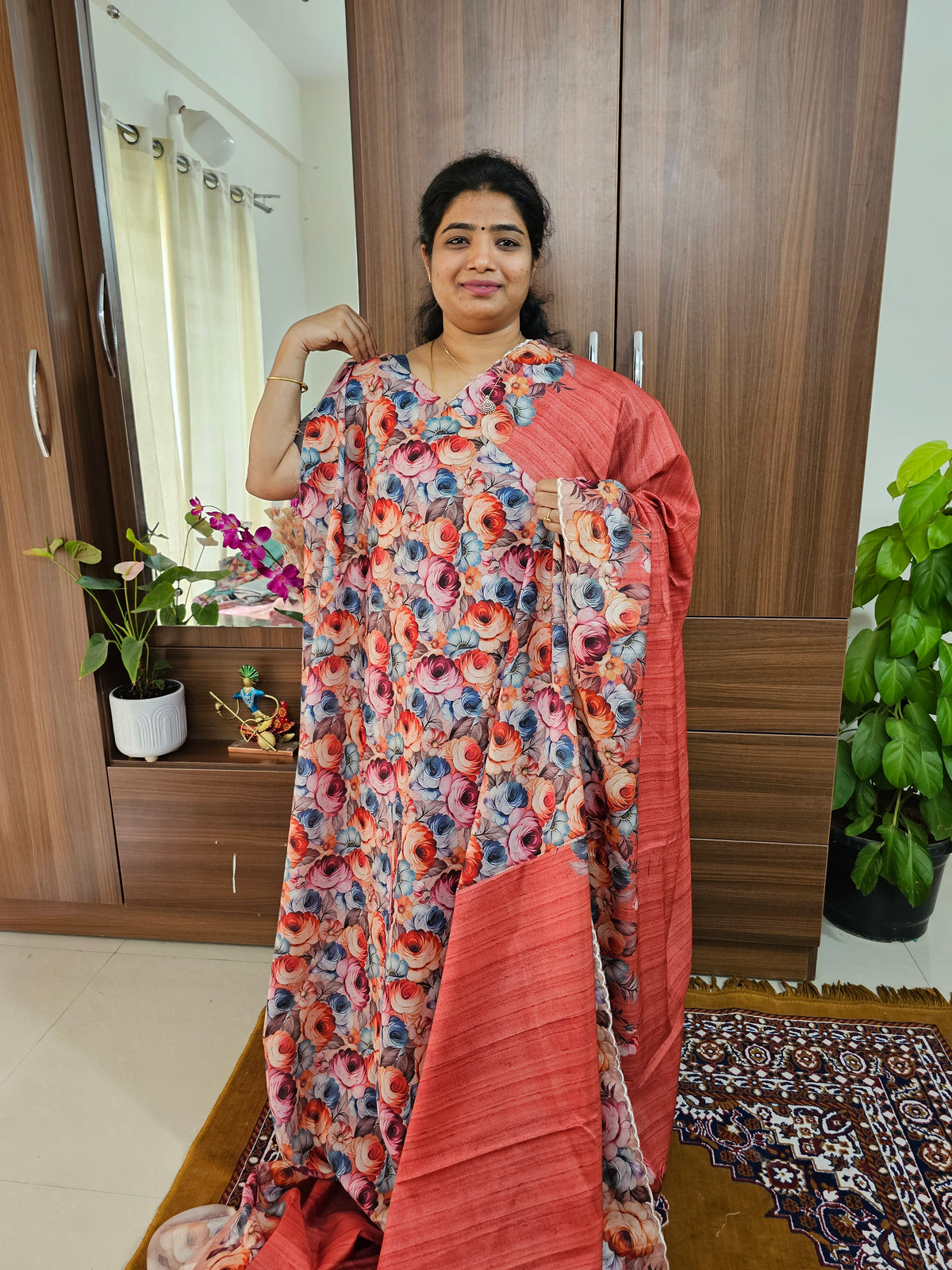 Semi Tussar Scallop Border Digital Prints with Floral Blouse -  Red