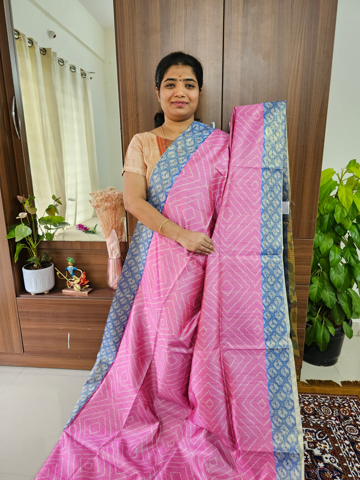 Semi Tussar Digital Prints with Contrast Border - Pink with Blue