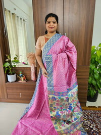 Semi Tussar Digital Prints with Contrast Border - Pink with Blue