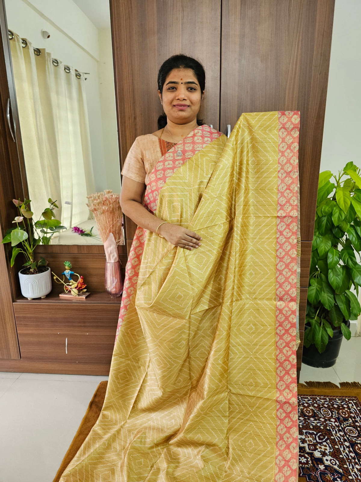 Semi Tussar Digital Prints with Contrast Border - Yellow with Peach