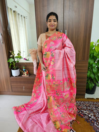 Semi Tussar Digital Prints with Contrast Border - Pink