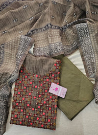 Chanderi Hand Embroidery Unstitched Salwar Suit - Dark Green Shade