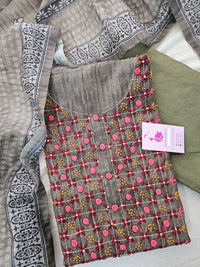 Chanderi Hand Embroidery Unstitched Salwar Suit - Dark Green Shade