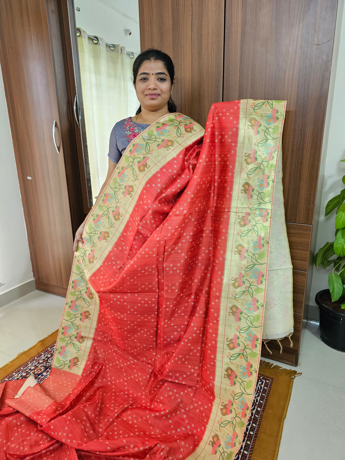 Semi Tussar Digital Prints with Contrast Paithani Border -  Red