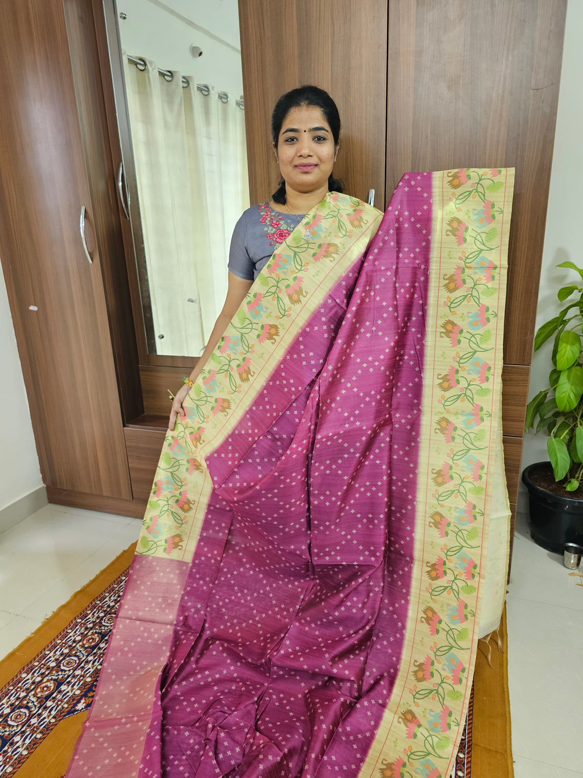 Semi Tussar Digital Prints with Contrast Paithani Border -  Purple