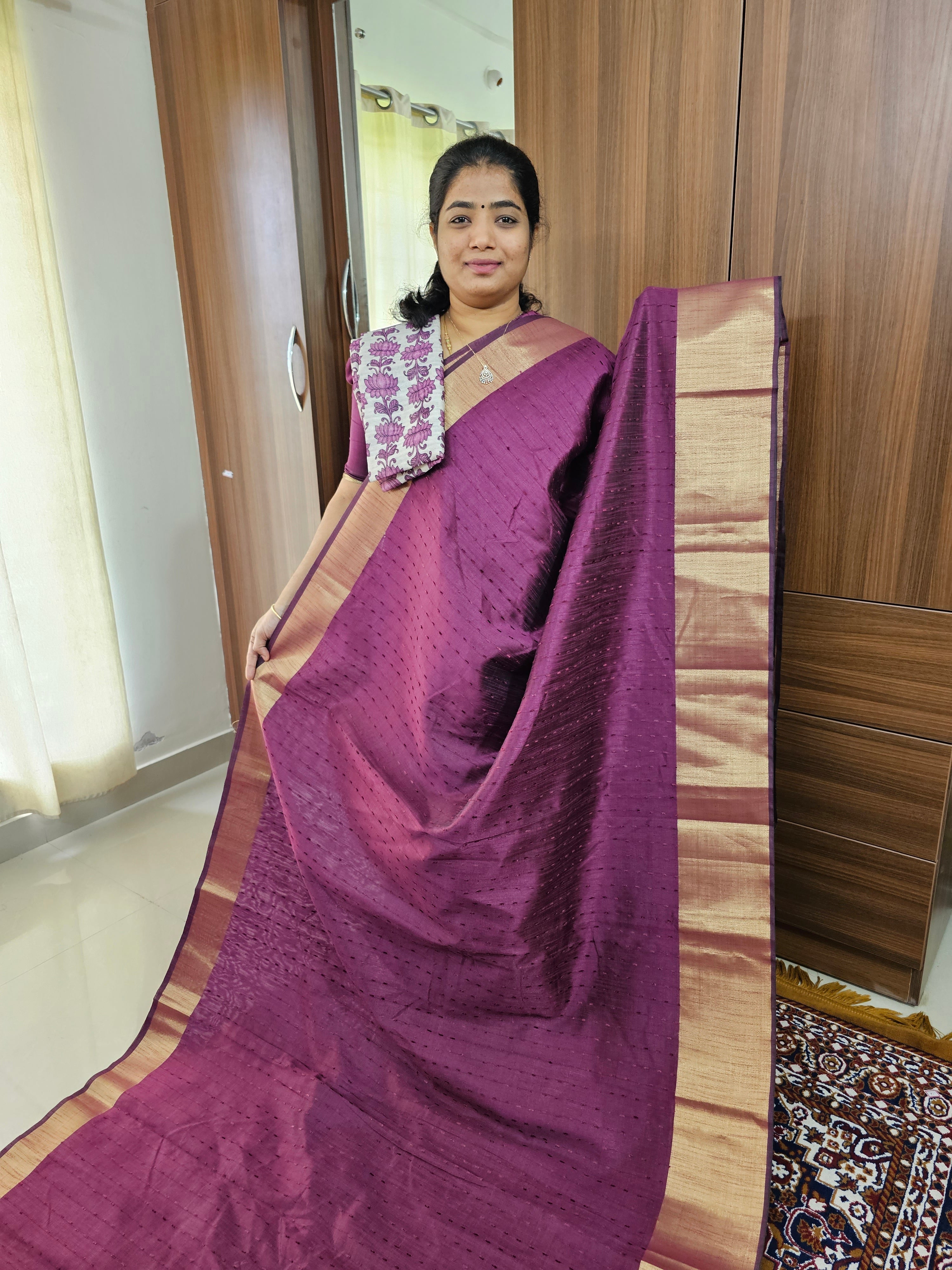 Seetha Purple Raw silk Handloom Cotton Unstitched Fabric main image 1