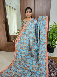 Soft Semi Tussar Floral Digital Prints with Contrast Border -  Blue with Pink