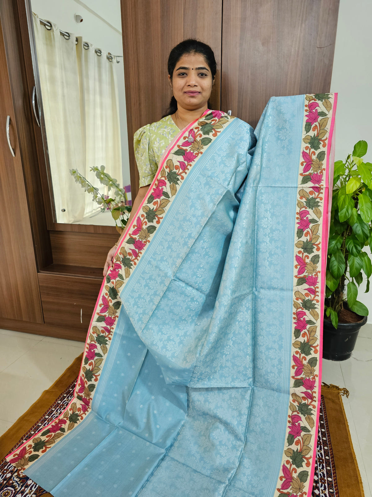 Semi Tussar Weaving  with Contrast Kalamkari Border - Blue with Pink