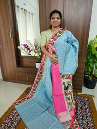Semi Tussar Weaving  with Contrast Kalamkari Border - Blue with Pink