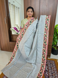 Semi Tussar Weaving  with Contrast Kalamkari Border - Grey with Onion Pink