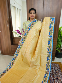 Semi Tussar Weaving with Contrast Kalamkari Border - Yellow with Blue