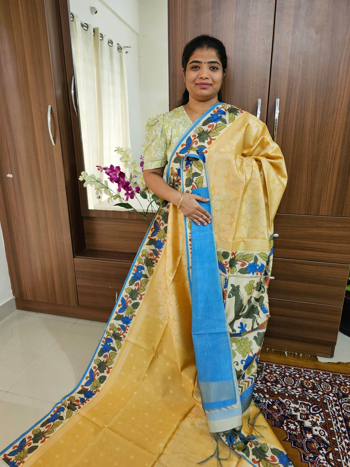 Semi Tussar Weaving with Contrast Kalamkari Border - Yellow with Blue